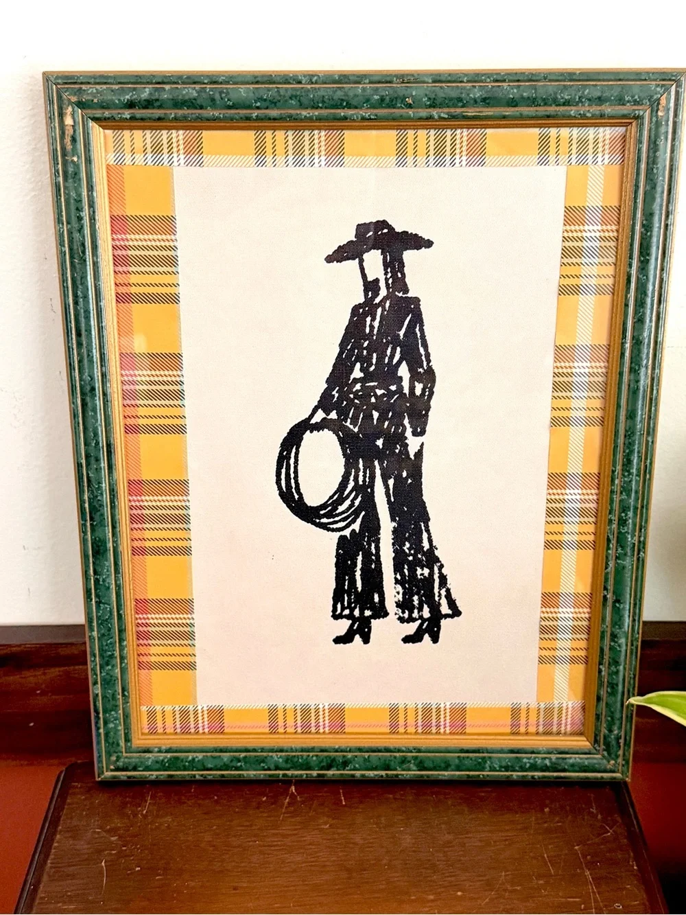 Cowgirl Line Drawing Rodeo Lasso Cowboy Hat Canvas Art Print Plaid Green Framed